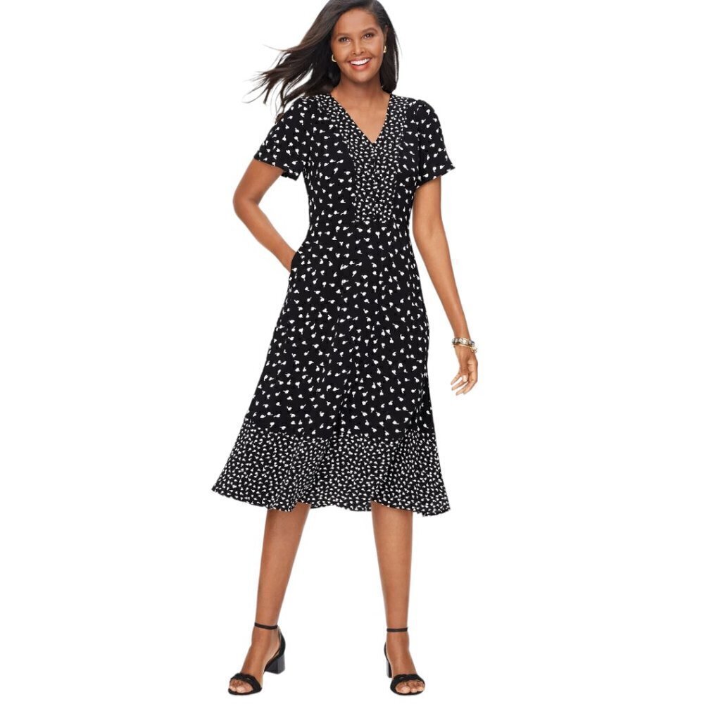 Talbots Black White Print Flutter Short Sleeve Midi Dress